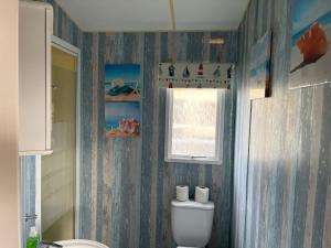 La salle de bains est pourvue de toilettes et d'une fenêtre. dans l'établissement Toni's Family Holiday Caravan with Decking, Smart TV and Private WIFI, à Rhyl