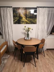 comedor con mesa de madera y sillas en PENZION BAŠKA VODA CZ, en Baška