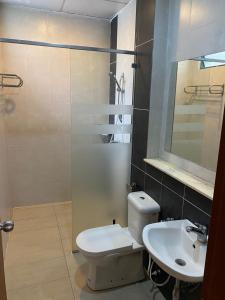 a bathroom with a toilet and a sink and a shower at zarraz homestay The Retreat Nova Kea Farm Brinchang in Brinchang