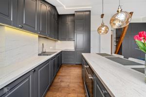 uma cozinha com armários cinzentos e uma bancada em Cozy Old Town apartment em Kaunas