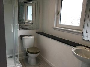 uma casa de banho com um WC, um lavatório e uma janela em No.9 em Inverness