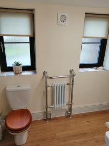 a bathroom with a toilet and a radiator and two windows at Lion Hotel in Llanbister