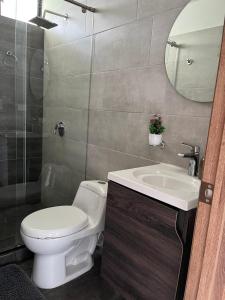 La salle de bains est pourvue de toilettes, d'un lavabo et d'un miroir. dans l'établissement Casa Campestre Altamira, à Los Curos