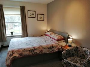 a bedroom with a bed and a chair and a window at Lion Hotel in Llanbister