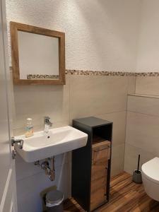 a bathroom with a sink and a toilet at Haus Bergblick "Staufen" mit 2 Schlafzimmer in Oberstaufen