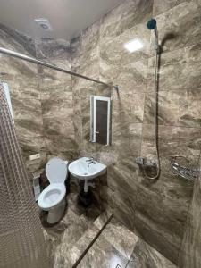 ein Bad mit einem WC, einer Dusche und einem Waschbecken in der Unterkunft Комплекс СільДар in Solotwyno