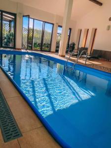 a large pool with blue water in a building at Active Wellness hotel U zlaté rybky in Vyškov