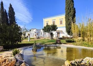 un jardin avec un étang en face d'un bâtiment dans l'établissement Casina delle Rose - Scirocco, à Polignano a Mare