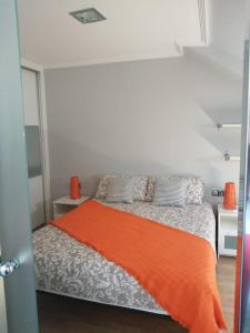 龐特維德拉的住宿－Luminoso y centrico apartamento en Plaza de España posición estratégica，一间卧室配有一张带橙色毯子的床