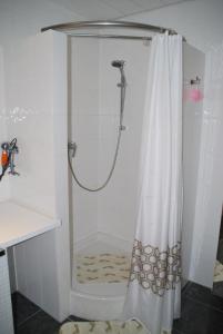 y baño con ducha y cortina de ducha. en FeWo Walburga, en Roßbach