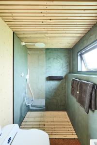 a bathroom with a shower and a toilet in it at Tiny House Pioneer 2 - Hooksiel im Wangerland in Wangerland
