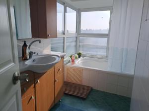 baño con lavabo, bañera y ventana en Galilean villa with jacuzzi, en Qiryat ‘Amal