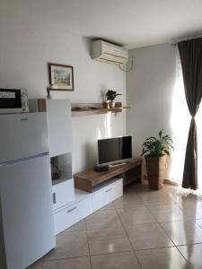 a living room with a refrigerator and a tv at Apartments Santa Marija in Dol