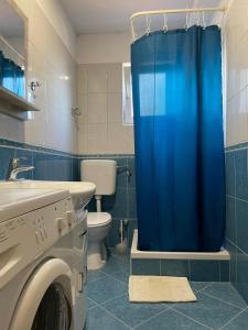 a bathroom with a blue shower curtain and a washing machine at Apartments Santa Marija in Dol