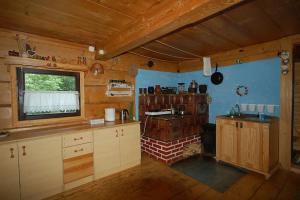 a kitchen with wooden cabinets and a window in a room at Chata Trapera na Groniu in Koszarawa