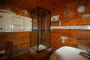 a bathroom with a shower and a sink at Chata Trapera na Groniu in Koszarawa