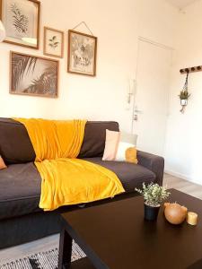 een woonkamer met een bank en een gele deken bij Proche Paris-Calme-Wifi-Netflix in Villejuif