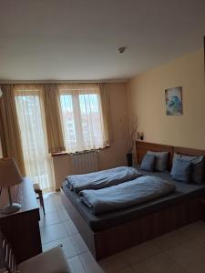 a bedroom with a bed in a room with windows at Apartment 322, Villa Park in Borovets