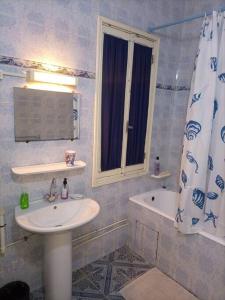ein Bad mit einem Waschbecken und einem Duschvorhang in der Unterkunft Appart Central in Tunis
