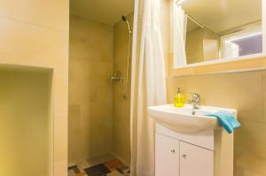 een badkamer met een wastafel en een douche met een spiegel bij Apartments Síp in Boedapest