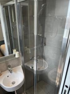 uma casa de banho com um chuveiro e um lavatório. em Mary's Hotel République em Paris
