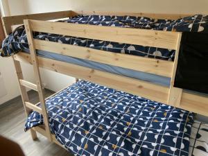 a bunk bed with a blue and white comforter at Cogite in Theux