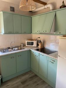 La cuisine est équipée de placards verts, d'un évier et d'un four micro-ondes. dans l'établissement Apartamento El Cuco, à Candeleda