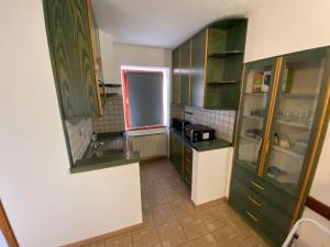 una pequeña cocina con armarios verdes y fregadero en Apartma SOČA, en Most na Soči