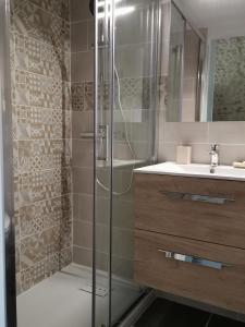 uma casa de banho com um chuveiro e um lavatório. em Le Domaine de Tini studio em Violès