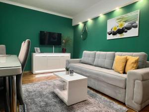 a living room with a couch and a tv at Prestige Apartment in Novi Sad
