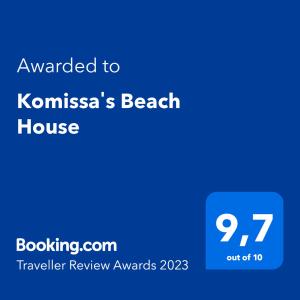 Certifikát, ocenenie alebo iný dokument vystavený v ubytovaní Komissa΄s Beach House