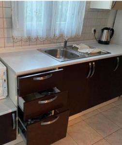 eine Küche mit einer Spüle und einer Arbeitsplatte in der Unterkunft Studio Nikol koutsoupia in Kókkinon Nerón