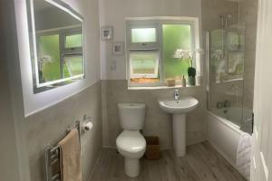 a bathroom with a toilet and a sink at Renovated home, fab location, garden, pet friendly and parking in Chester +28 photos