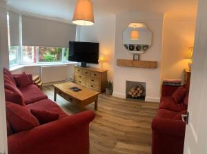 een woonkamer met een bank, een tv en een open haard bij Renovated home, fab location, garden, pet friendly and parking in Chester