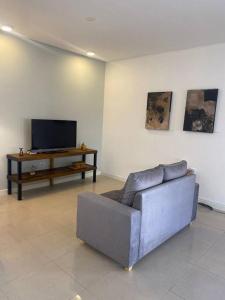 sala de estar con sofá y TV de pantalla plana en departamento 2 dormitorios 2 baños en Mendoza