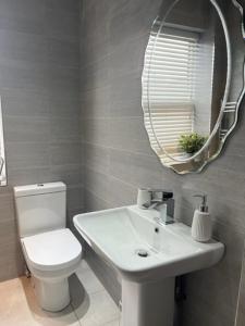 a bathroom with a toilet and a sink and a mirror at Stanley Street Apartment in Southport