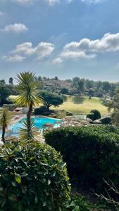 a view of a pool with palm trees and a golf course at HAMEAU DES AMANDIERS VUE MER - PISCINE, GOLF et TENNIS PRIVE in Saint-Cyr-sur-Mer