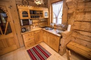 ザコパネにあるWooden Tatra Houseのキッチン(木製キャビネット、シンク付)