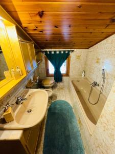 La salle de bains est pourvue de 2 toilettes, d'un lavabo et d'une baignoire. dans l'établissement Accogliente attico vista Dolomiti, à Vodo Cadore