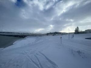 a snow covered road with tracks in the snow at Bridge Apartment in Egilsstaðir