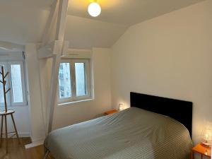 a bedroom with a bed and two windows at Bel Appartement avec parking au coeur de Reims in Reims
