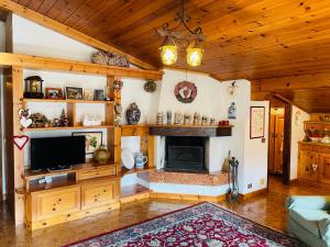 Il comprend un salon avec une cheminée et une télévision. dans l'établissement Accogliente attico vista Dolomiti, à Vodo Cadore