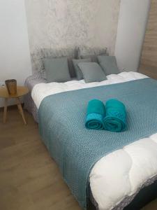 a bed with two blue pillows on top of it at Coco Paradis in Saint-Pierre