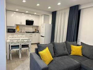 a living room with a gray couch and a kitchen at Tea Apartment in Bakuriani