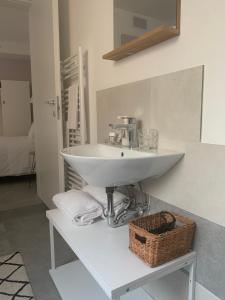 a bathroom with a sink and a basket on a counter at Casimiro Home in Cesena