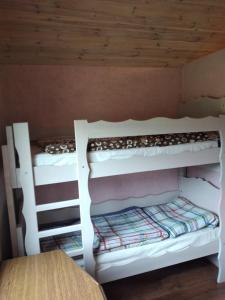 Ce dortoir comprend 2 lits superposés et une table. dans l'établissement Agroturystyka u Wioli i Irka, domek u Elki , spływy kajakowe, à Karsin
