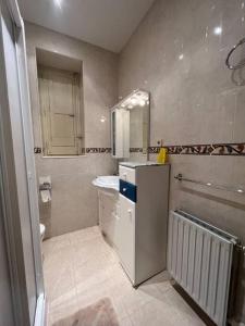 baño pequeño con fregadero y nevera en Casa independiente 4 habitaciones en Miraflores de la Sierra