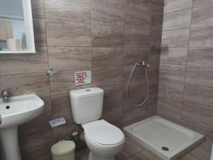 a bathroom with a toilet and a sink and a shower at Christos Family Apartments Β in Ágios Rókkos