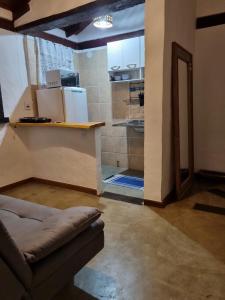 cocina con encimera y sofá en una habitación en Pouso Araris - Araras, Vale das Videiras en Petrópolis