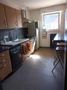 kuchnia ze zlewem, kuchenką i oknem w obiekcie Appartement Gauche avec balcon w mieście Hargarten-aux-Mines
